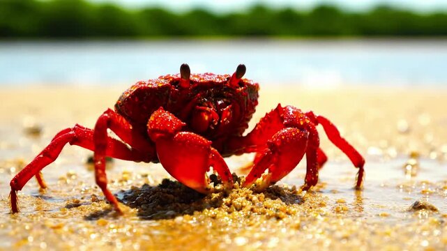An underwater perspective of a blue crab foraging among swaying seagrass beds, its iridescent shell catching the filtered sunlight. underwater, medium shot