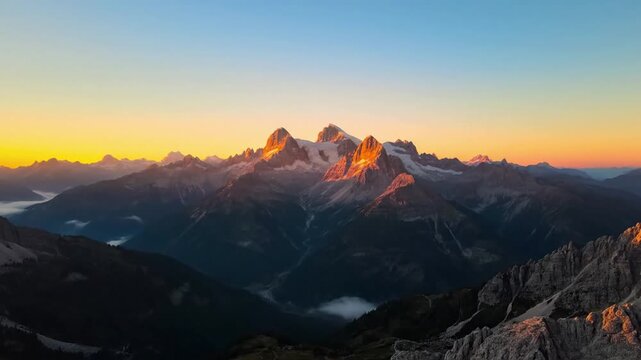 Dynamic interplay of mist or low lying clouds drifting through a mountainous region, catching the brilliant orange and yellow hues of the rising sun. Close up to medium shot focusing on atmospheric?