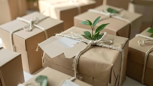 Thoughtfully packaged eco-friendly gift boxes, adorned with natural twine and fresh green leaves, symbolizing sustainable giving, natural elegance, and festive appreciation