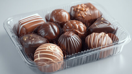Assorted chocolates in a clear plastic container on a light gray surface
