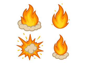 Stylized cartoon fire icons set featuring flames, burning campfire, and dynamic explosive blast