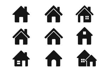 Black silhouette house symbols for residential property and real estate navigation