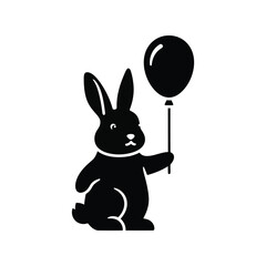 Black bunny rabbit holding balloon illustration cute pet party celebration isolated on white background
