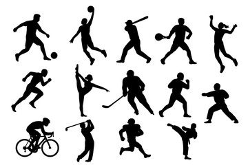 Dynamic silhouettes of athletes playing various sports activities and games