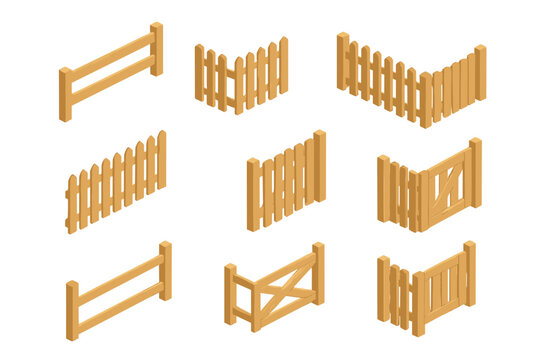 Collection of various wooden fence sections and gates in isometric view