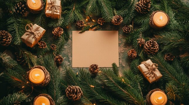 Decorative pine frame with glowing candles gift boxes and an empty center ideal for adding personalized message or photo