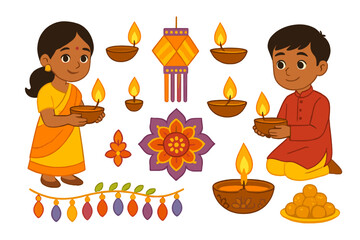 Happy Indian kids holding lit diyas surrounded by festive Diwali decorations and sweets