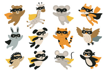 Twelve cute flying animal characters wearing superhero masks and colorful capes