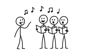 Simple stick figures singing in a choir led by a conductor with musical notes floating above