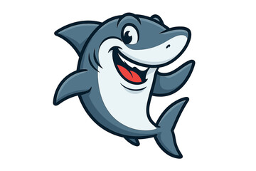 Happy cartoon shark mascot waving and smiling widely on a white background