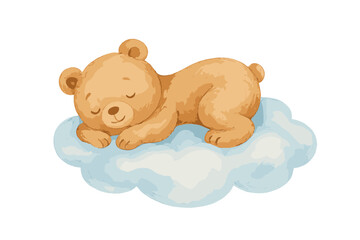 Sweet little brown teddy bear resting comfortably on a soft watercolor cloud