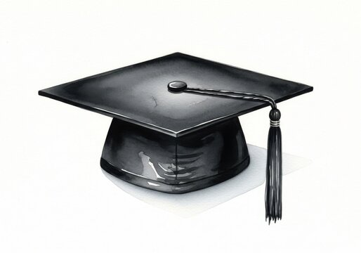 Graduation Cap Watercolor Illustration - A watercolor painting of a graduation cap. The background is white. Perfect for academic or educational projects