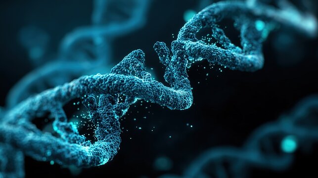 DNA double helix structure visualization, fluorescently labeled gene fragments, dark blue scientific background, high-precision molecular biology schematic --v 7.0 --style raw --ar 16:9 - Powered by Adobe