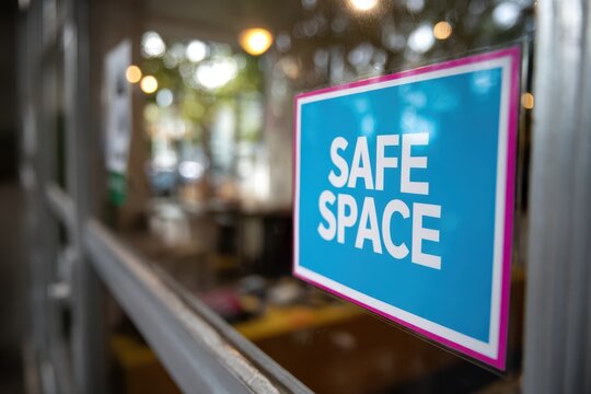 Designated safe space sign or sticker on door or window of school or business showing commitment, perfect for inclusivity and public awareness campaigns diversity equality advocacy.