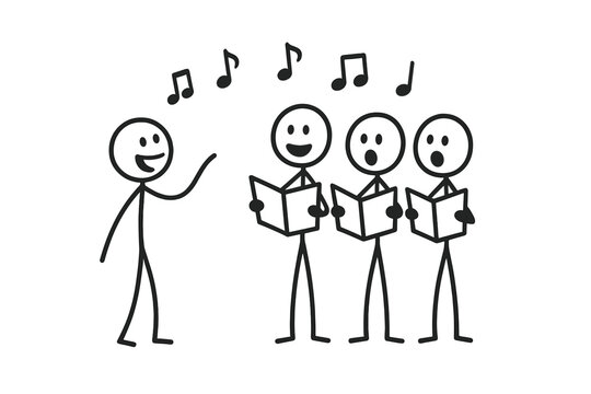 Simple stick figures singing in a choir led by a conductor with musical notes floating above