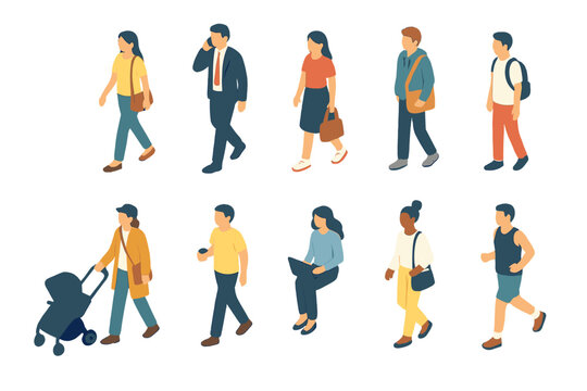 Diverse set of isometric people walking, running, and using technology in daily life scenes