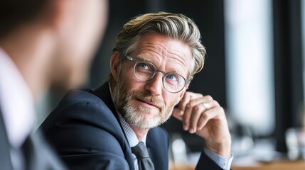 Business executive in meeting leaning forward and listening to colleague idea demonstrating respectful and active listening in workplace, perfect for corporate leadership and teamwork concept.