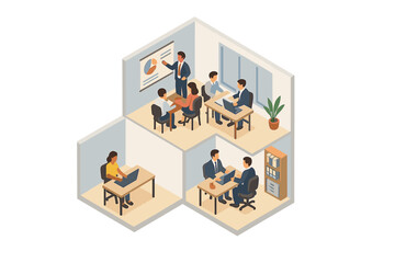 Isometric layout showing business professionals collaborating and presenting data