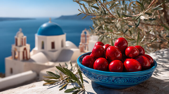 Red cherries in blue bowl against Greek island backdrop white buildings - Powered by Adobe