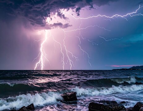 Lightning strikes over an ocean at night with dark, cloudy skies