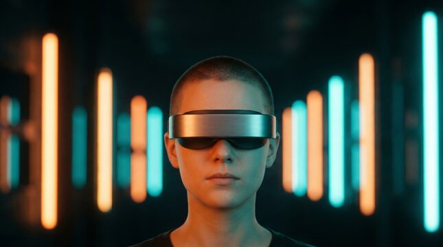 Person in a futuristic visor headset against a background of orange and teal lights.