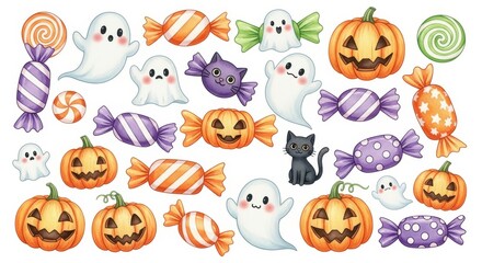 Fototapeta premium Halloween Candies and Ghost Cartoon - A cute and colorful assortment of Halloween themed candies, pumpkins, and ghosts in a cartoon