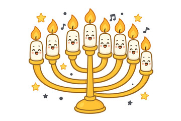 Cute golden Hanukkiah with nine burning candles celebrating the Festival of Lights