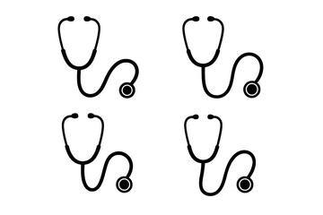 Four simple black and white medical stethoscopes used for healthcare and diagnostics