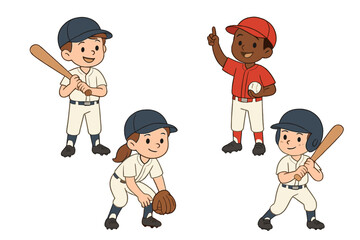 Group of smiling young baseball players in uniform ready to bat, pitch, and field
