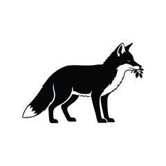 Black fox silhouette with leaves in mouth wild animal vector illustration isolated on white background