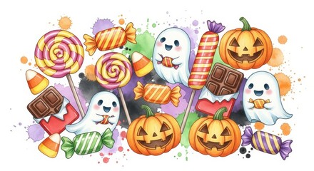 Halloween Candy Cartoon Illustration - Watercolor illustration featuring Halloween treats like candy, pumpkins, and ghosts. Fun and festive design for autumn celebrations