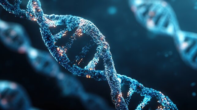 DNA double helix structure visualization, fluorescently labeled gene fragments, dark blue scientific background, high-precision molecular biology schematic --v 7.0 --style raw --ar 16:9