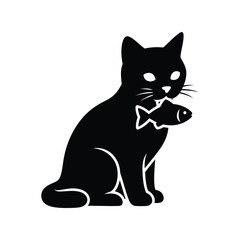 Black cat silhouette with fish in mouth pet animal isolated on white background