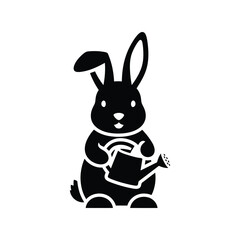 Black rabbit silhouette holding watering can cute animal illustration isolated on white background