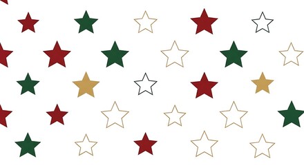 Festive Star Pattern Background with Red Green Gold and White Stars.