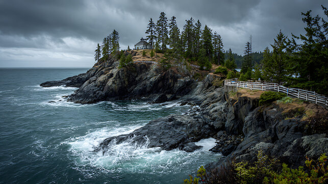 Rugged coastline with a house and trees under a stormy sky rocky ocean