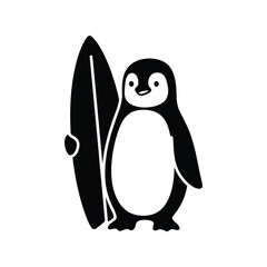Cute penguin with surfboard vector illustration summer beach fun ocean sport icon isolated on white background