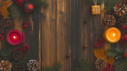 Festive Christmas frame featuring pine branches cones and candles arranged on a wooden surface to celebrate the holiday season