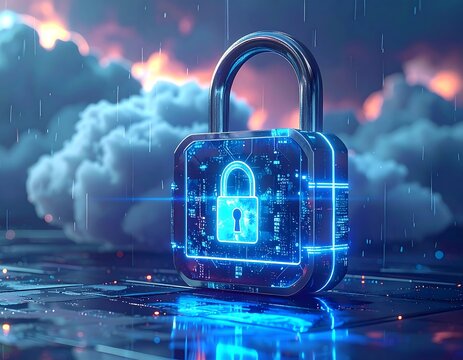 Metallic padlock with glowing digital circuitry in front of a sky