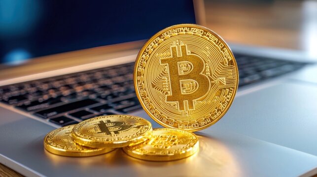 Golden Bitcoin Coins on Laptop Keyboard with Digital Background