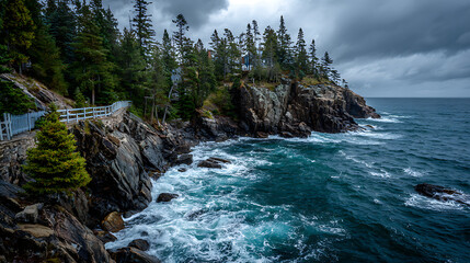 Rugged coastline with crashing waves and evergreen trees rocky shore ocean