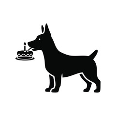 Dog silhouette holding birthday cake with candle celebration party isolated on white background