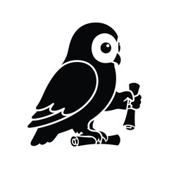 Black owl holding scroll vector illustration wisdom symbol knowledge icon education graphic isolated on white background