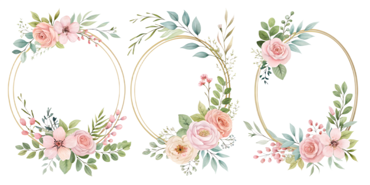 A set of elegant watercolor oval floral frames decorated with soft greenery, pastel flowers, and delicate botanical accents. Each frame is isolated on a transparent background, perfect for wedding inv