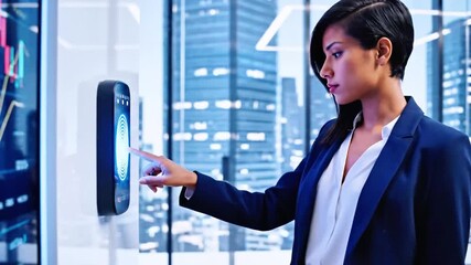 A woman in a suit uses a fingerprint scanner with cityscape background - Powered by Adobe