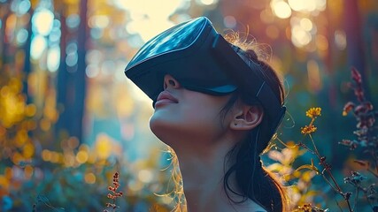Woman experiencing virtual reality headset in an enchanted forest, immersed in a digital world