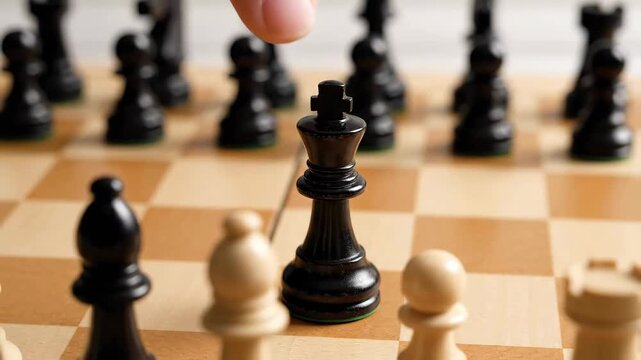 Close up of a finger ready to move a black chess king on a wooden board game. Strategy and competition concept, Checkmate.