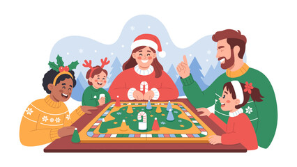 Cozy Christmas Game Night: A joyful gathering of a family around a festive board game, fostering togetherness and holiday cheer.