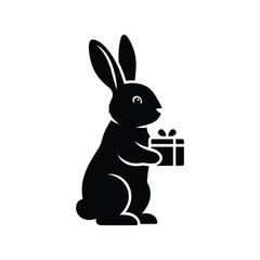 Black silhouette rabbit holding gift box cute animal illustration isolated on white background