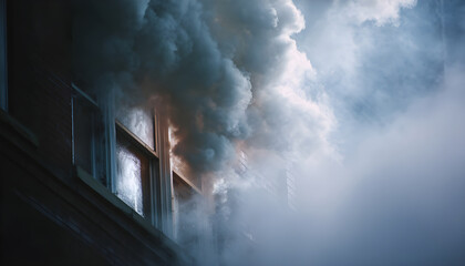 Smoke billows out of a window, possibly indicating a fire or emergency situation